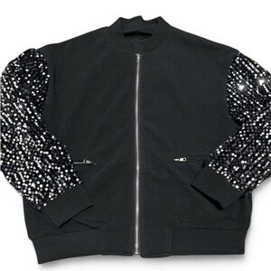 Black Sequin Long Sleeve Bomber Zip-Up Jacket